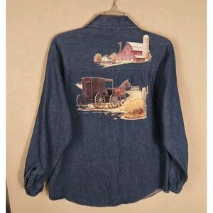 Vintage PTNY Denim Shirt Womens Medium Blue‎ Farm Horse Carriage Graphic Cotton